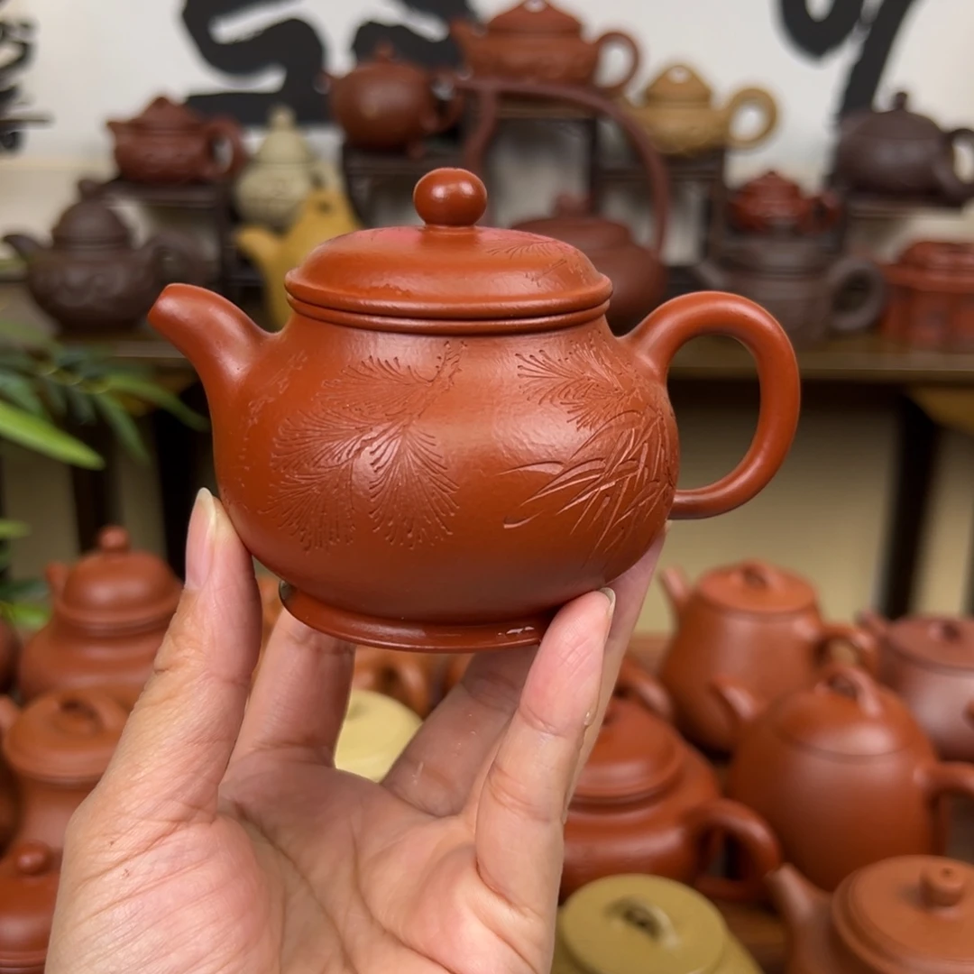 紫砂茶壶朱泥潘壶 梅兰竹刻绘150cc