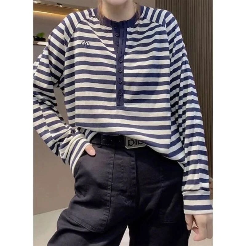 【设计师品牌】复古条纹长袖防晒T恤罩衫薄款透气宽松百搭上衣0014