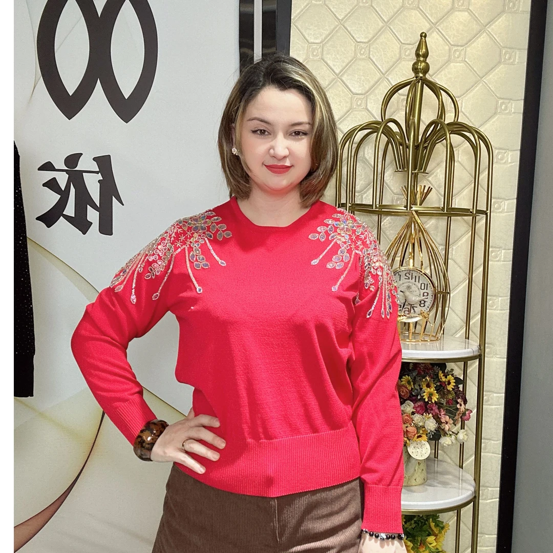 古丽汗女款长袖时尚针织圆领