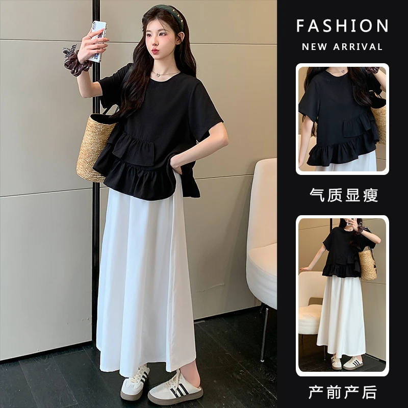 时髦孕妇套装2025新款慵懒风宽松娃娃衫薄款短袖上衣阔腿裤两件套