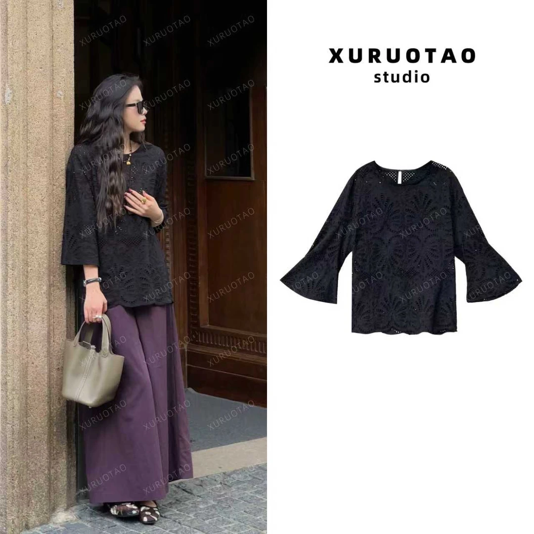 XURUOTAO 【克拉恋人】100棉提花刺绣设计感显瘦黑色上衣 T5483