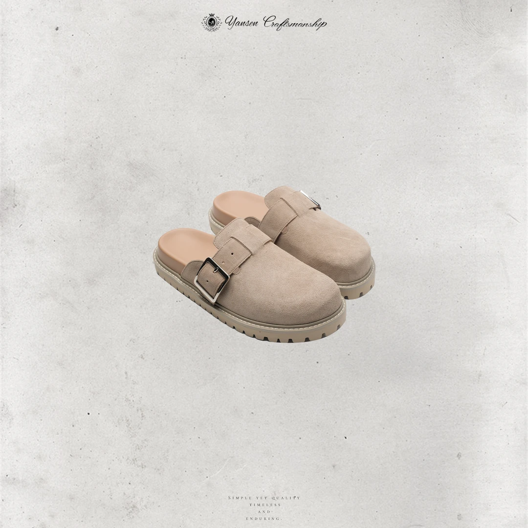 【黑标系列】拉绒麂皮（牛皮）/羊皮内里圆头平底包头拖鞋勃肯鞋