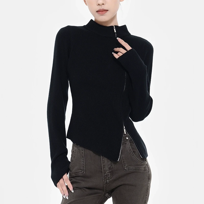 【秋款五折】KEN STUDIO秋冬新款百搭黑色斜拉链长袖针织衫女上衣