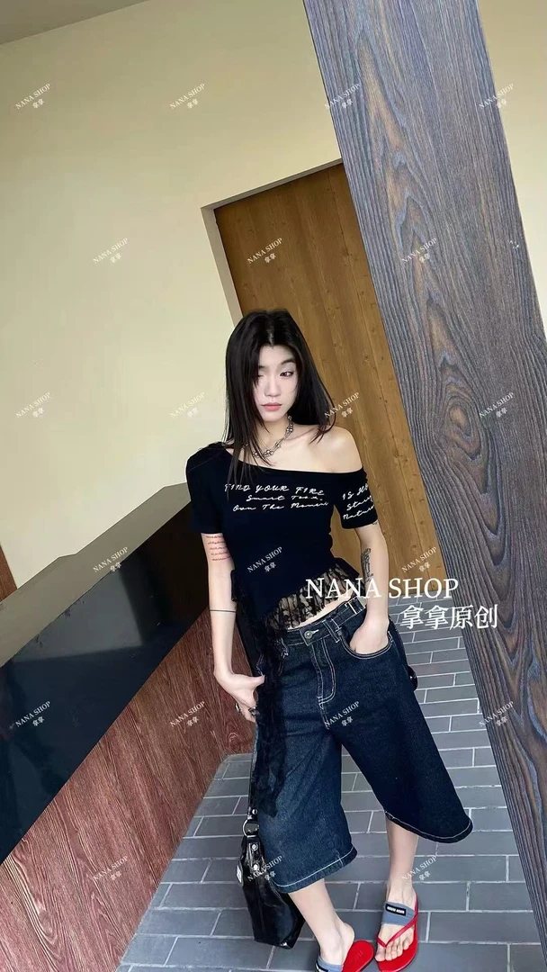 美式黑色斜肩露肩拼接蕾丝不等式流苏短款半袖T恤时尚上衣夏季