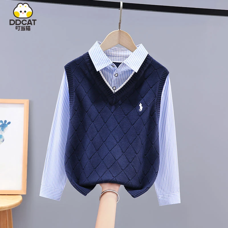 叮当猫男童长袖学院风毛衣针织衫秋装洋气假两件中大童童装儿童装