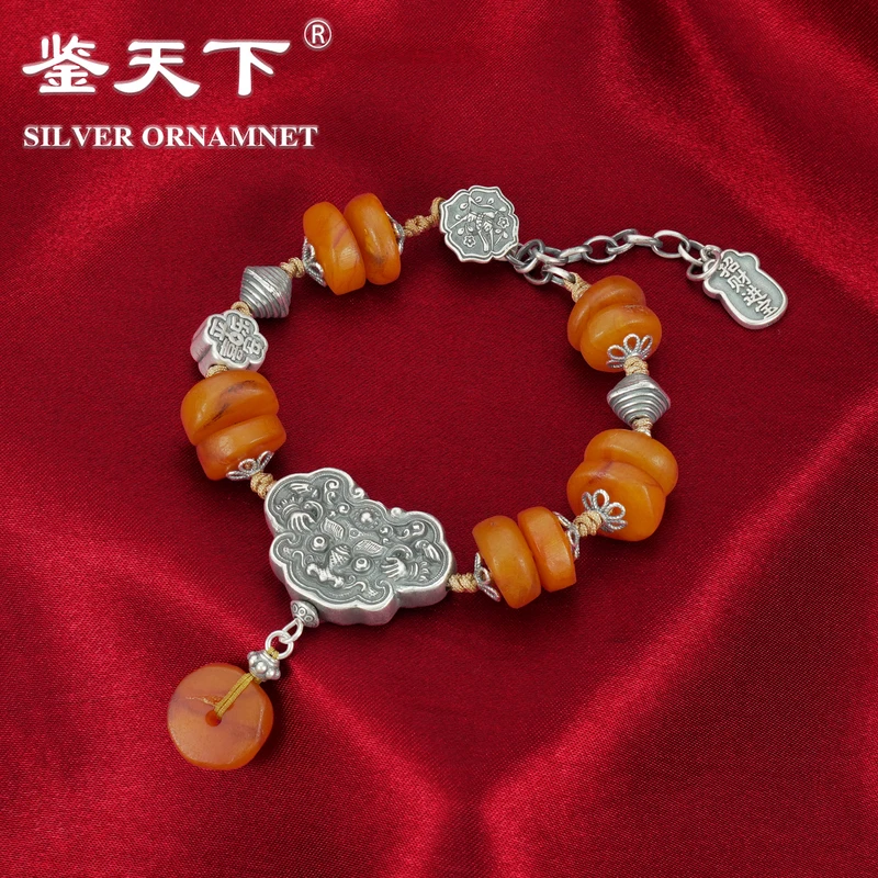 925银手链 [鉴天下]复古隔片吞金兽流苏手链06600216百搭气质轻奢