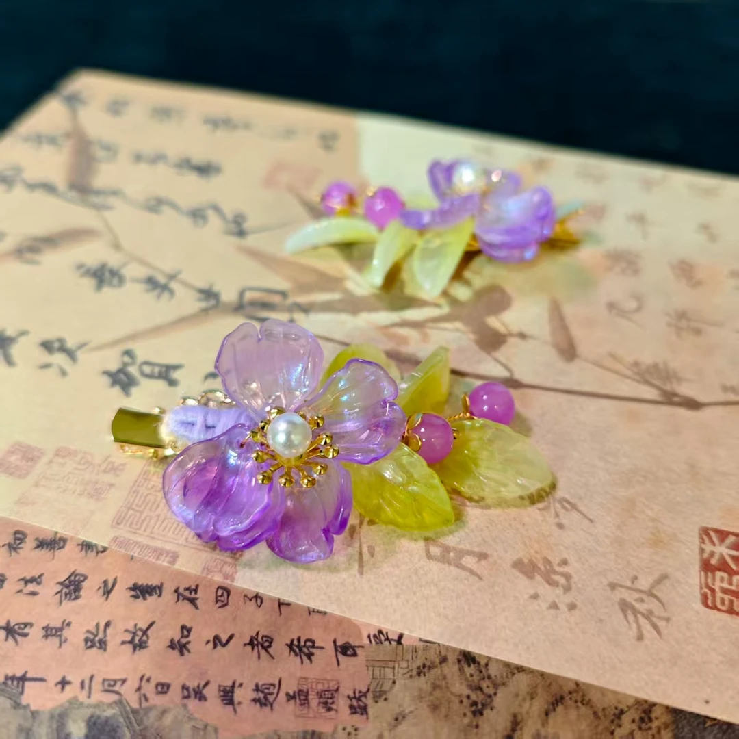 云鬓花古风饰品古装发饰琉璃发饰对夹 紫菱春叶（孤品汉服头饰B311