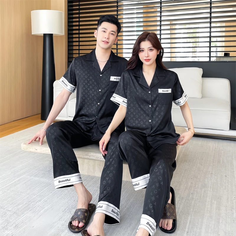 高定轻奢夏季款6A柔光软丝三件套情侣睡衣HTT家居服