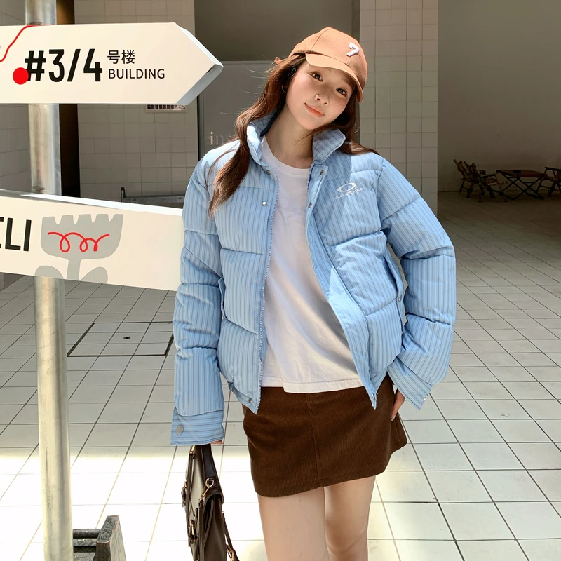 冬季时尚休闲短款蓝色加厚韩版情侣百搭外套女款棉服|呆呆文美式