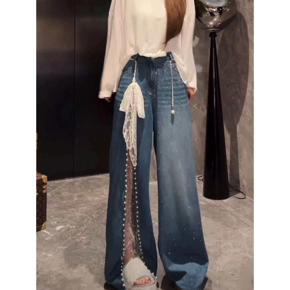 蕾丝拼接亮钻珍珠高腰阔腿裤女2025新款宽松显瘦设计感时尚牛仔裤
