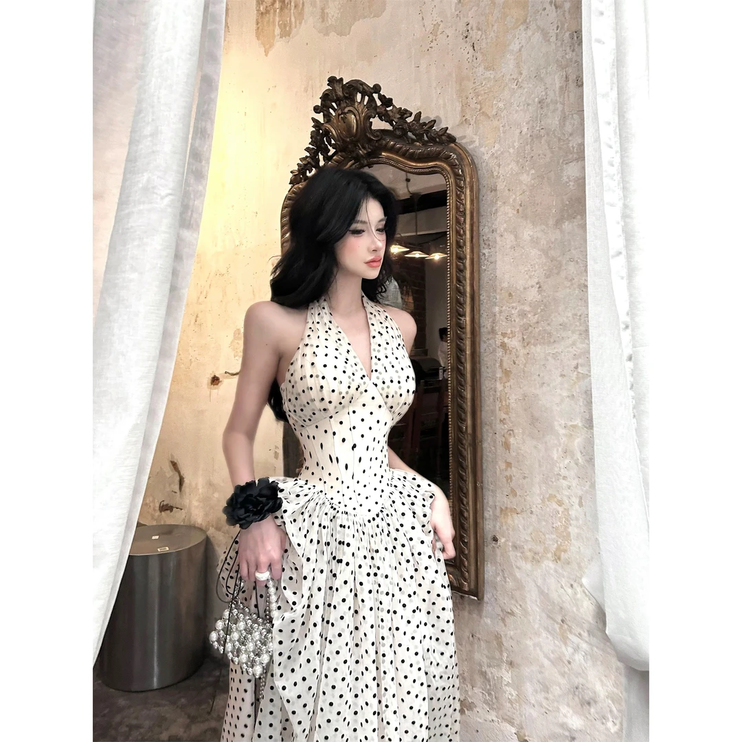 波点深V挂脖港风御姐连衣裙女春季新款鱼骨V领长裙气质收腰裙子