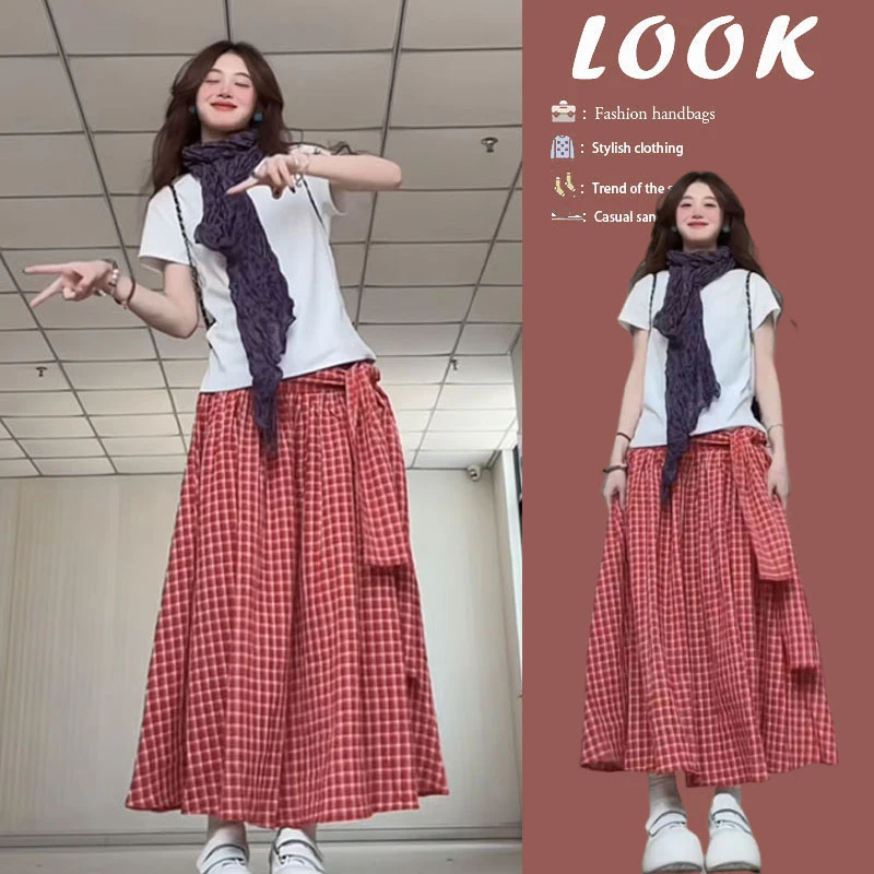 时尚穿搭女2025春季新款简约纯色短袖T恤系带格子半身裙两件套装