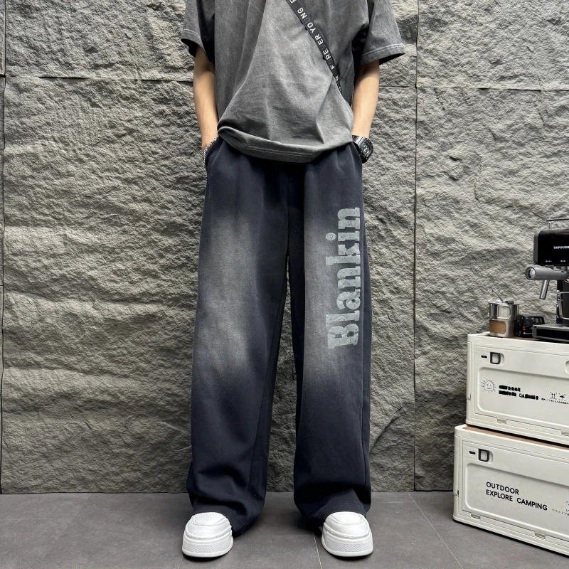 字母印花宽松大直筒净面水洗灰休闲裤垂感拖地男士直筒垂坠拖地裤