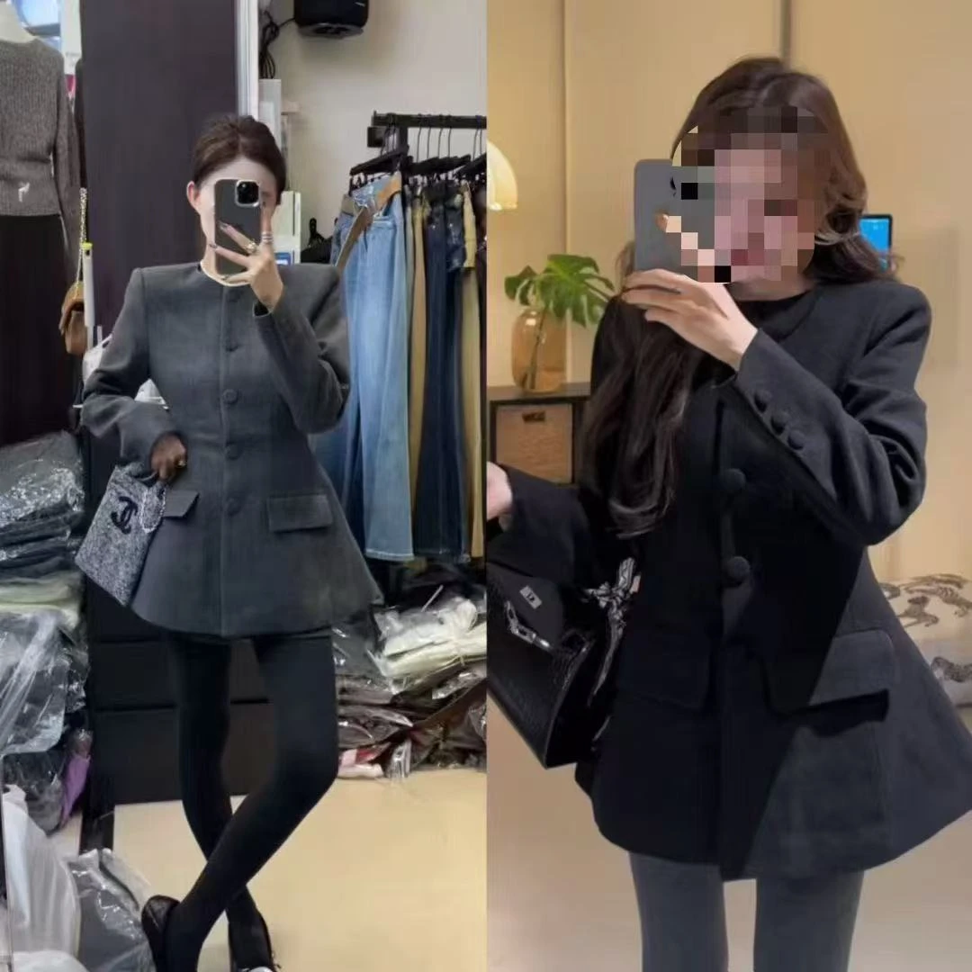 【小宇】圆领直下摆毛呢外套厚款修身显瘦春季休闲纯色黑色三件套