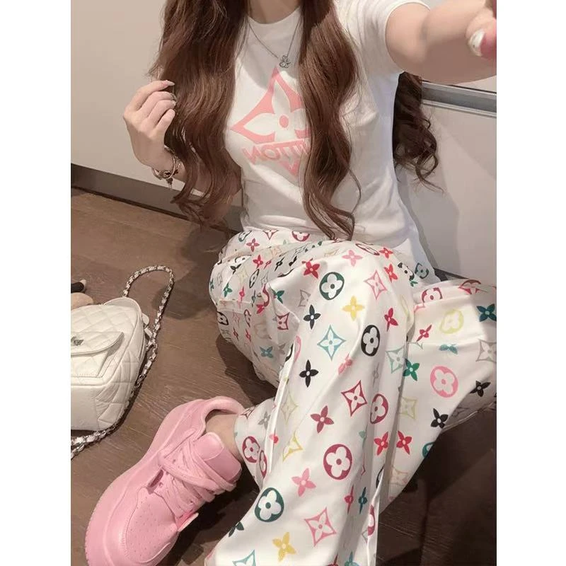 【77推荐】长裤夏季阔腿裤印花休闲裤小众英伦风显瘦直筒裤-8720