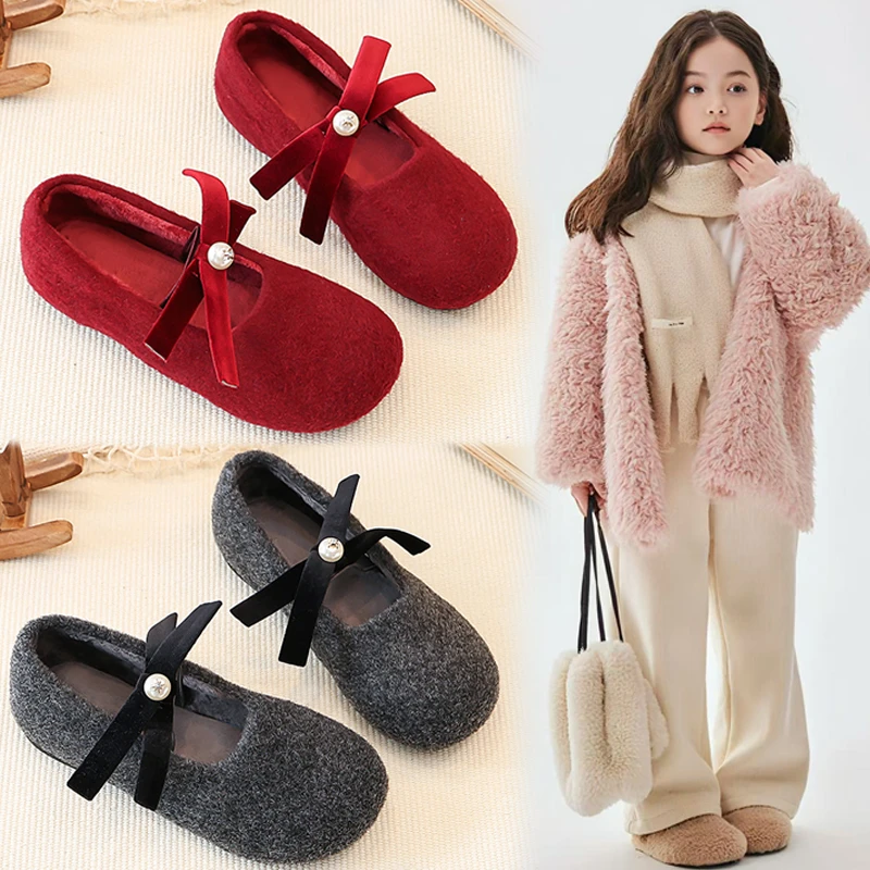 女大童冬季法式复古毛毛鞋女宝蝴蝶结浅口绒面韩版玛丽珍加绒棉鞋