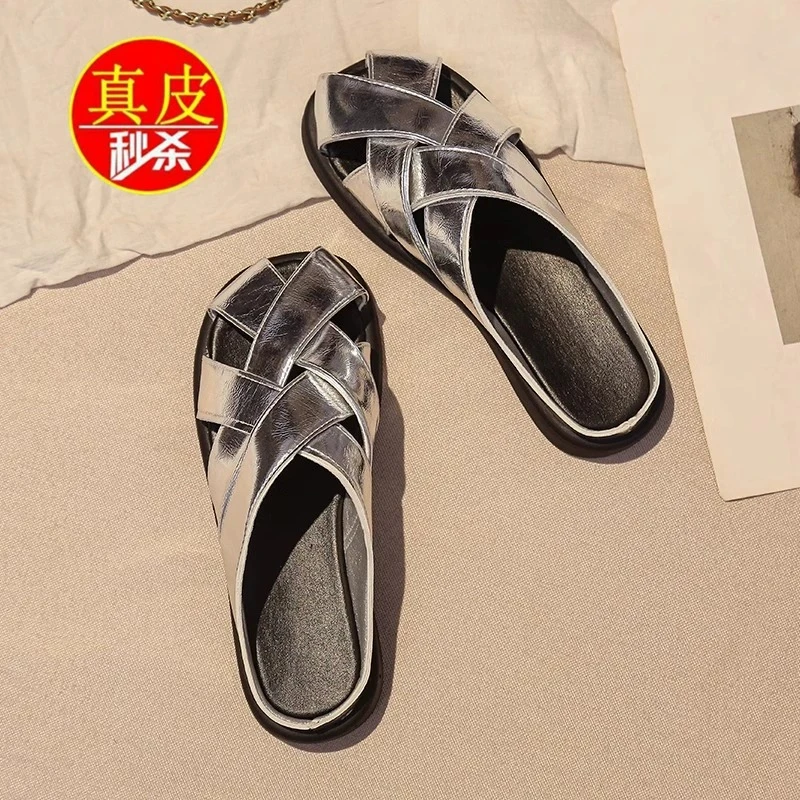 梦孜百丽包头拖鞋女2025夏季休闲平底沙滩半拖女时尚凉拖外穿女鞋