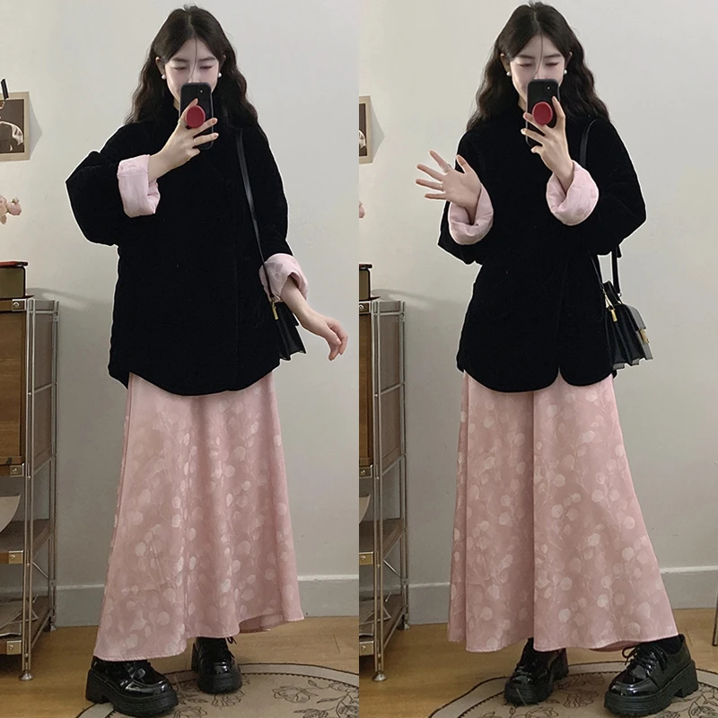 大码胖mm女装冬季夹棉新中式丝绒外套高级感粉色半裙遮肉显瘦套装