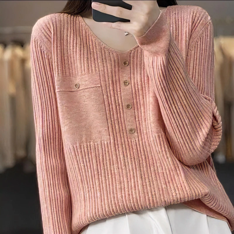 【樱花粉金属扣小香风】秋冬款重工提花休闲时尚针织长袖