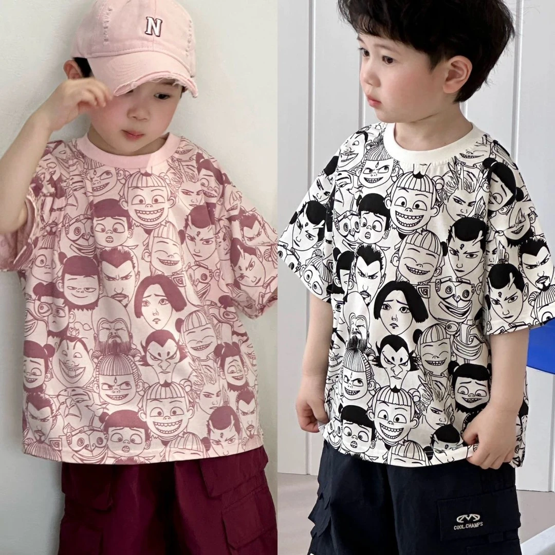 男女童夏季趣味满印哪吒短袖T恤2025新款中小童男孩凉感帅气上衣