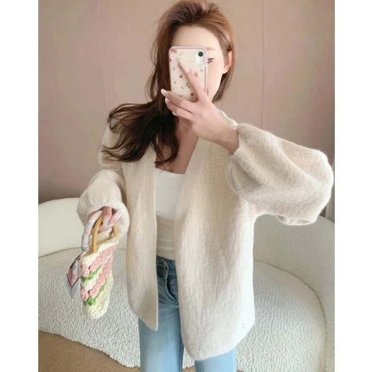 【2025年新款树皮纹工艺】灯笼袖短款外套春秋季春装针织开衫宽松