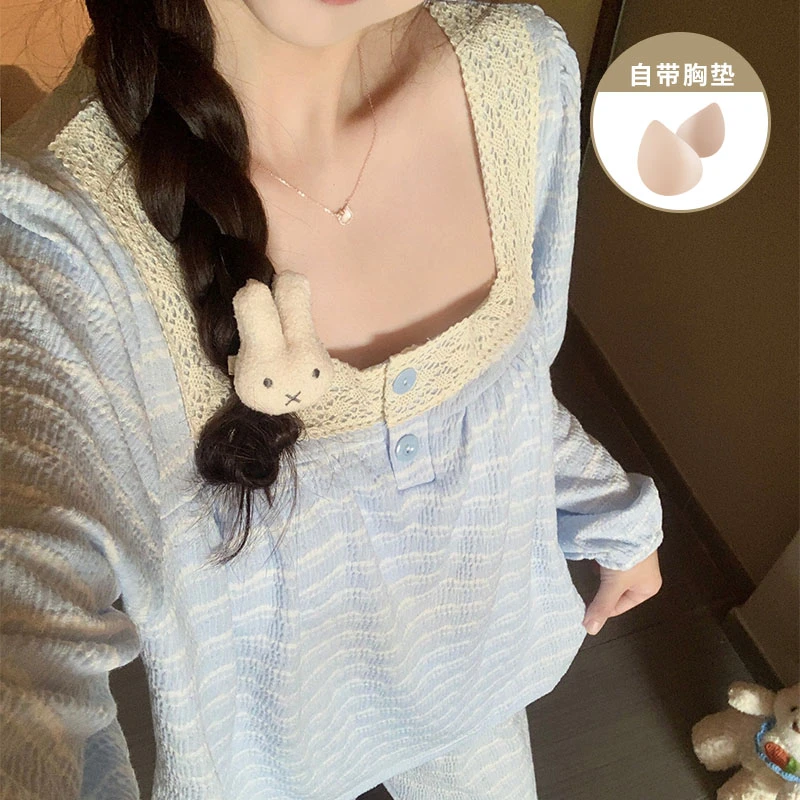 蓝白条纹睡衣女款春秋季爆款甜美风带胸垫女士长袖长裤家居服套装