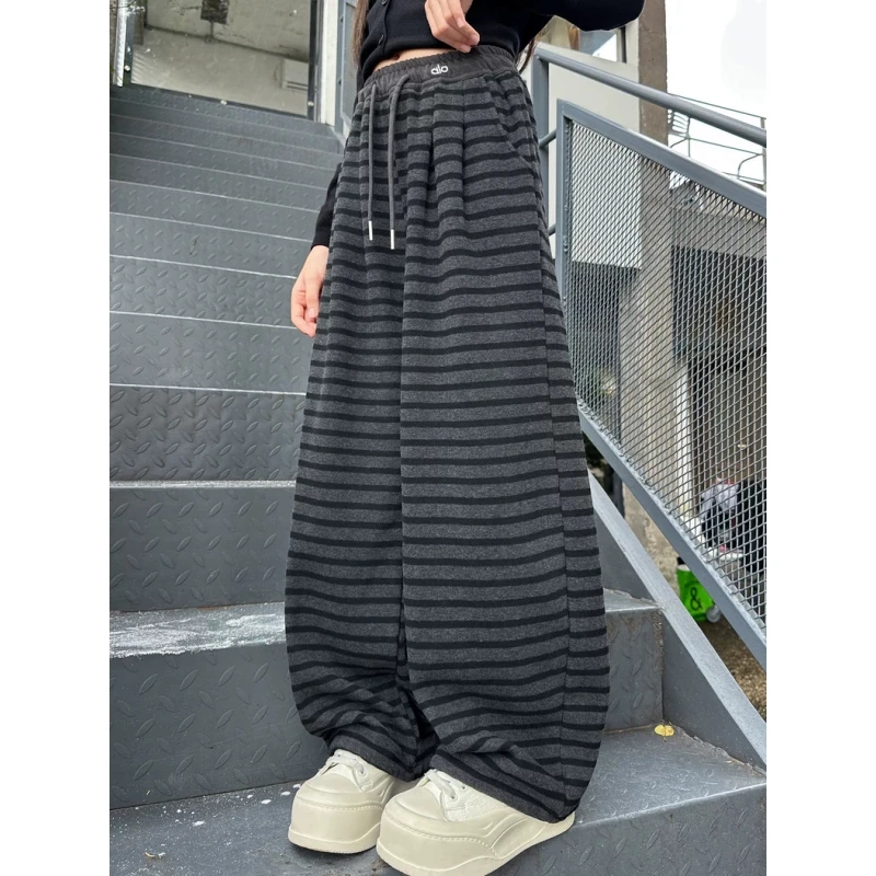 女童冬季加绒裤子一体绒休闲条纹糯米裤儿童秋冬加厚慵懒风阔腿裤