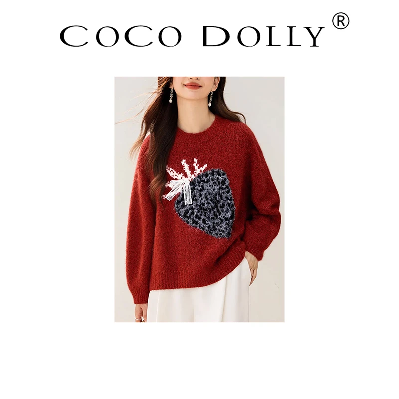 COCO DOLLY韩系慵懒风圆领草莓图案毛针织衫印花百搭休闲25171