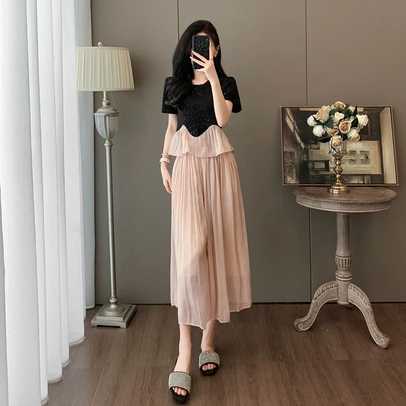 温柔风穿搭时尚套装女轻奢高端法式短袖上衣粉色网纱裤裙两件套