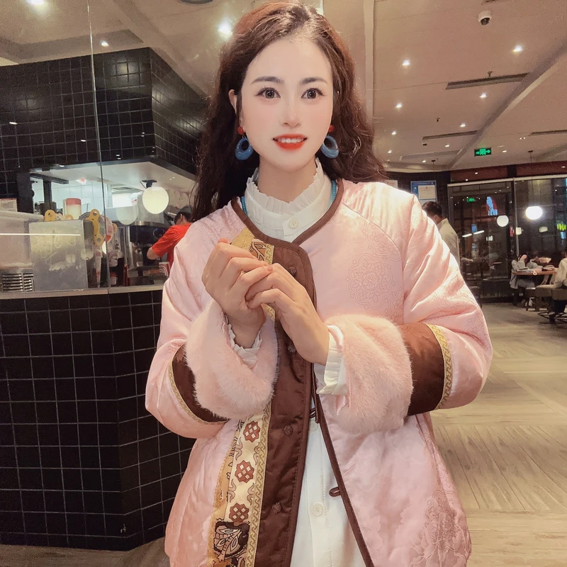 【粉柔】新中式气质圆领手工盘扣流苏长袖常规款拼接袖口加棉上衣JY