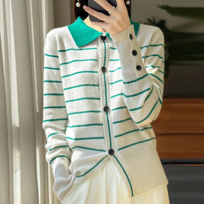 新款羊毛翻领针织开衫气质拼色条纹POLO领毛衣时尚百搭宽松打底衫