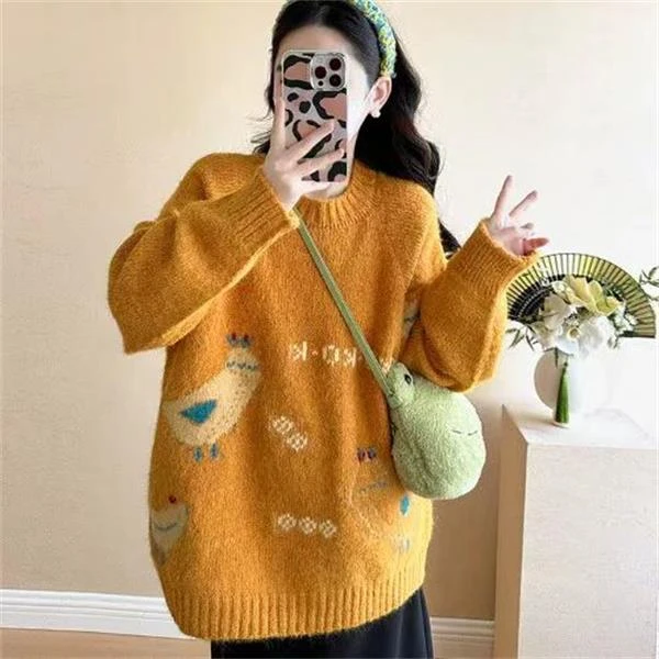 秋季复古软糯慵懒风高级感超好看针织衫减龄黄色卡通圆领毛衣女