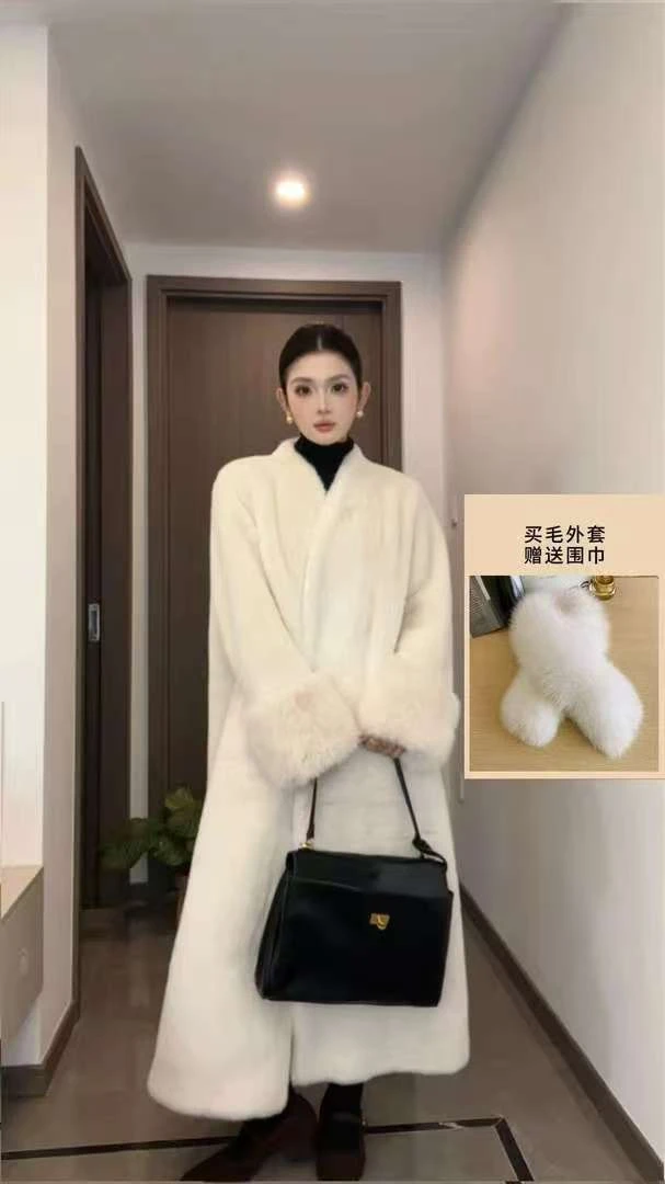 女款冬季气质时尚秋冬撞色长款毛毛外套