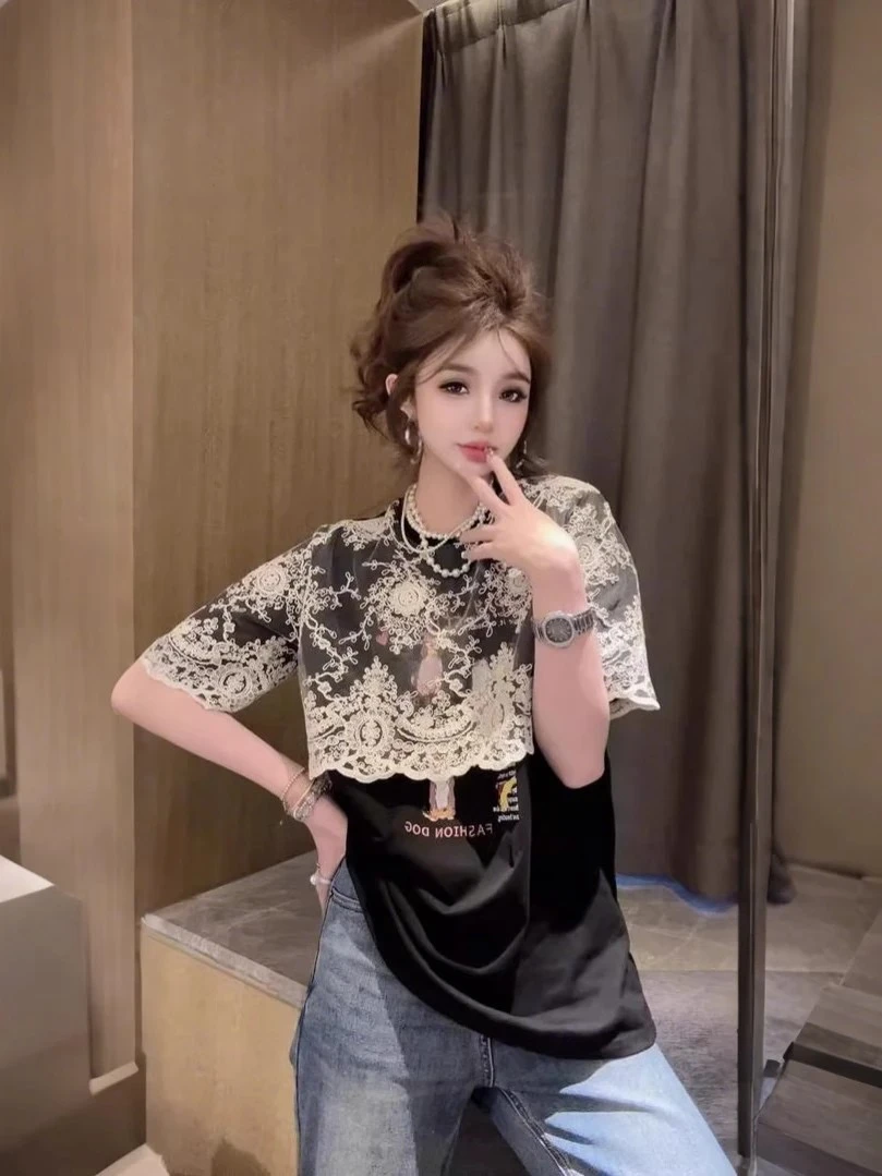 欧货季洋气时髦蕾丝拼接短袖T恤女夏季新款宽松百搭假两件上衣ins