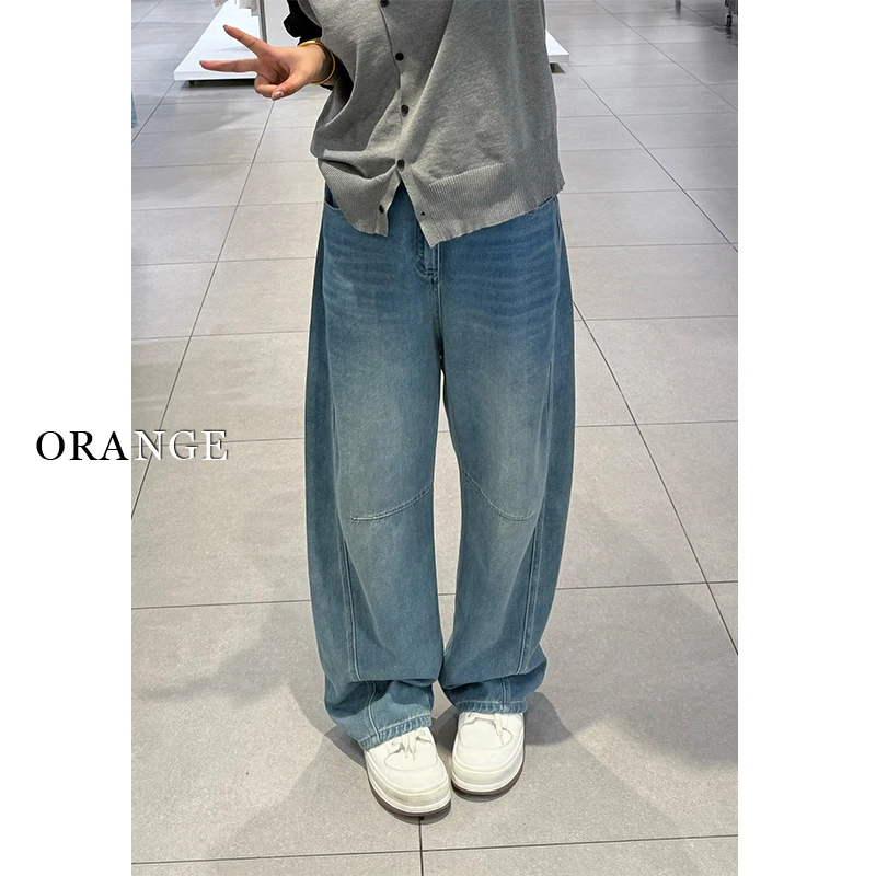 阔腿弯刀牛仔裤女春季2025新款大码梨形身材松紧腰宽松遮胯拖地裤