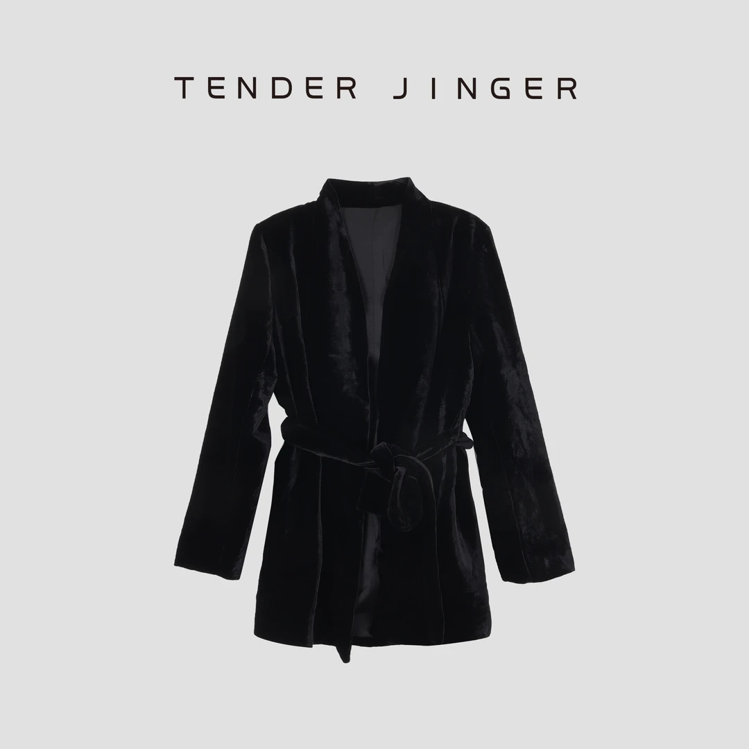 Tender Jinger系带收腰真丝丝绒西装外套T51JIZ80105