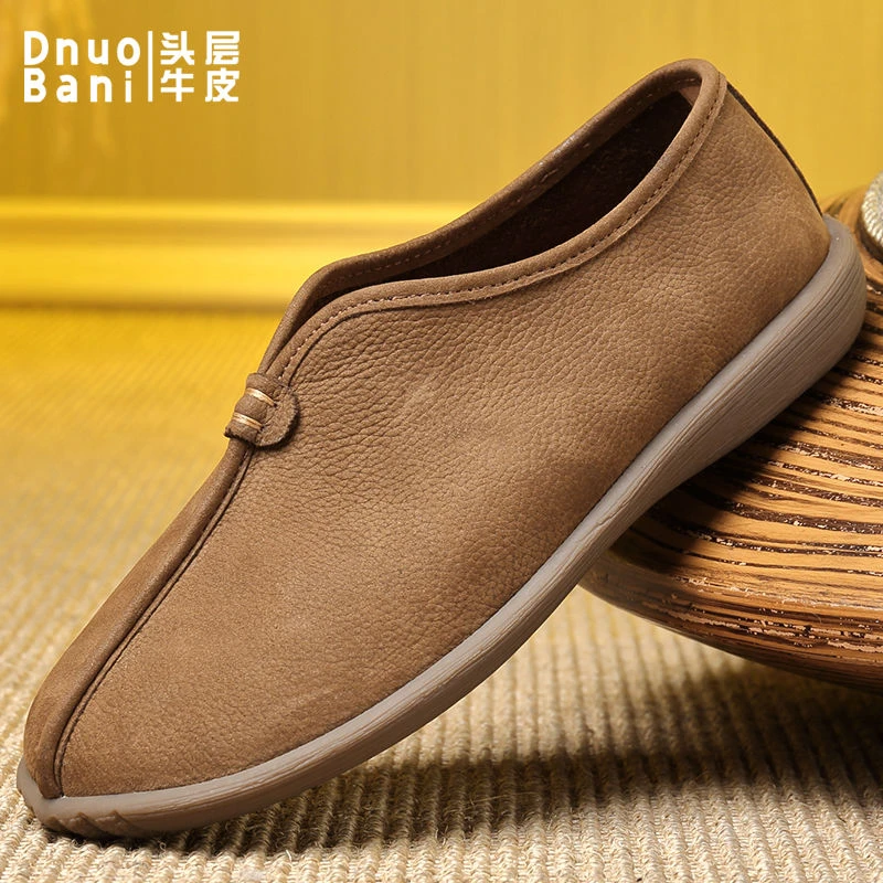 渡诺班尼新款中式休闲皮鞋男防滑软底一脚蹬老北京皮鞋男复古男鞋