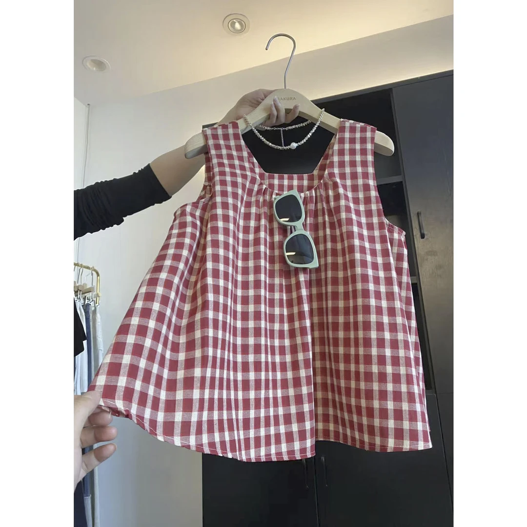 璎婲sᴀᴋᴜʀᴀ【红格绮梦】图韩版宽松U领复古洋气红格子无袖背心衬衫