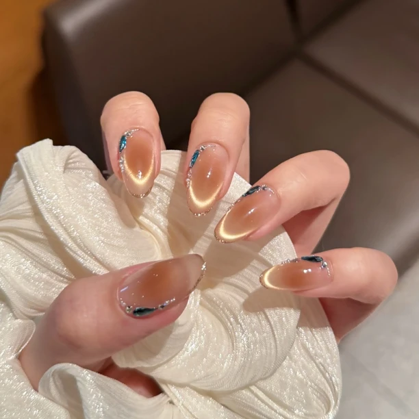 【蓝色宝藏】气质堆钻微笑猫眼链条锆石百搭 2062301 纯手工穿戴甲