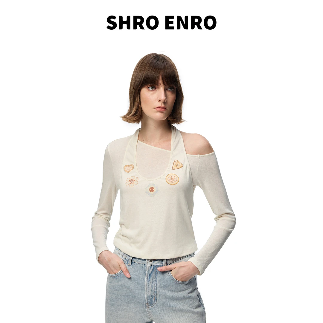 SHRO ENRO 2026春季新款修身挂脖U领斜肩假两件印花小衫T恤女上衣