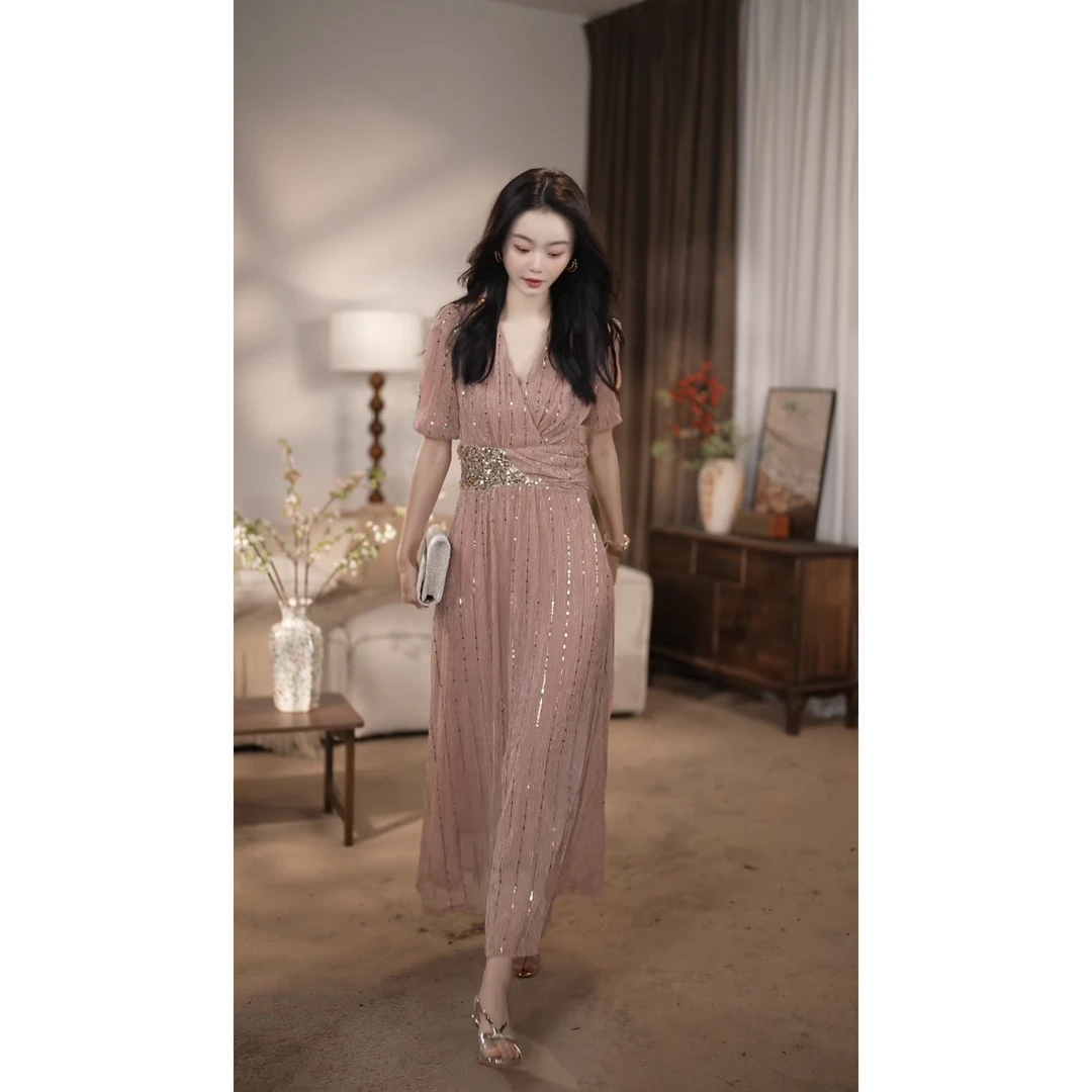 【之之】金粉流光 法式修身显瘦气质优雅长款连衣裙-HZ762