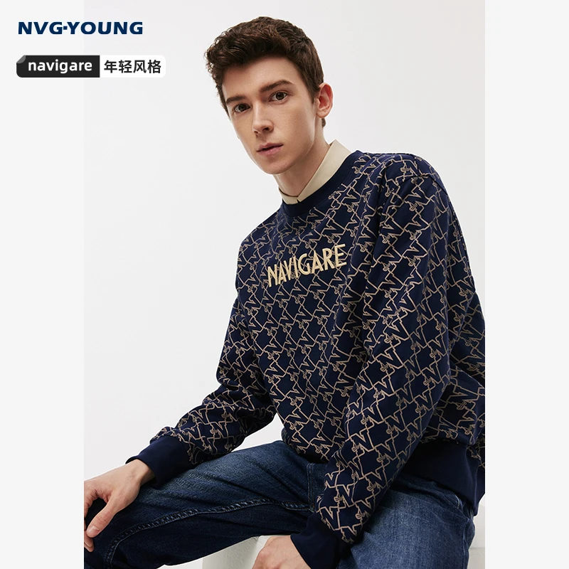 NVGYOUNG意大利小帆船秋季新款休闲圆领字母卫衣男时尚宽松套头衫