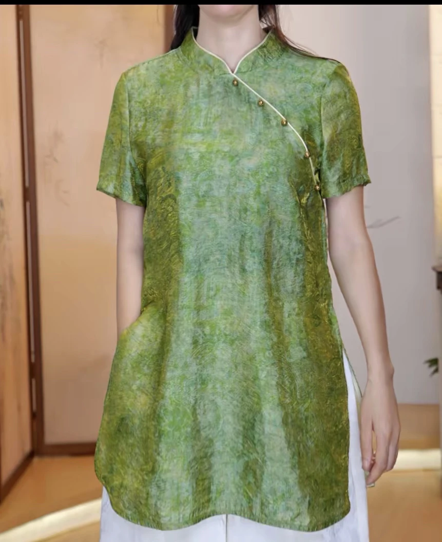 时尚新中式立领夏季短袖设计感中长款女士上衣