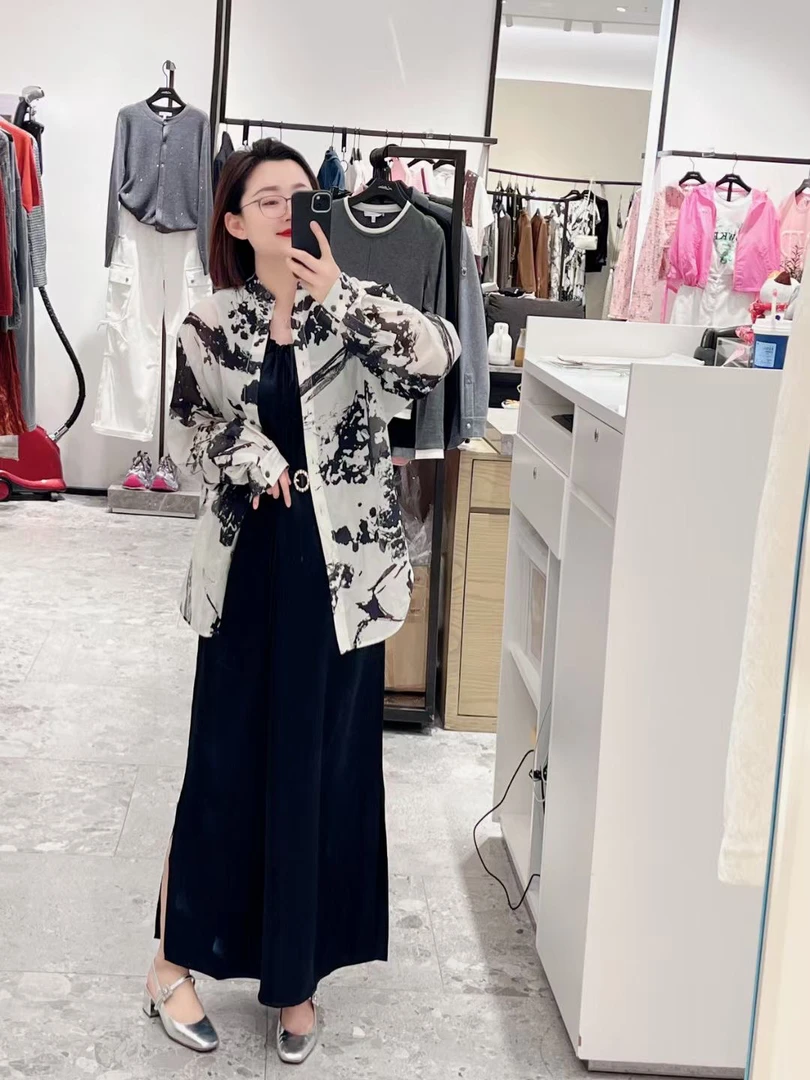 时尚印花长袖衬衫复古宽松休闲开衫上衣薄款外披