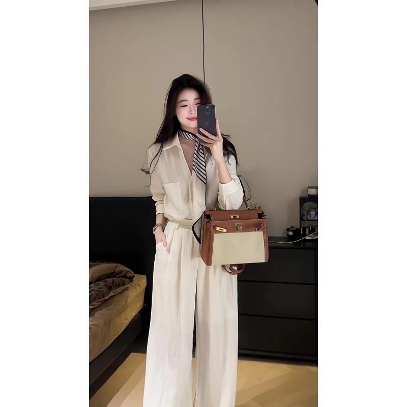 通勤简约套装女白色宽松显瘦衬衫上衣小个子直筒拖地休闲裤子套装