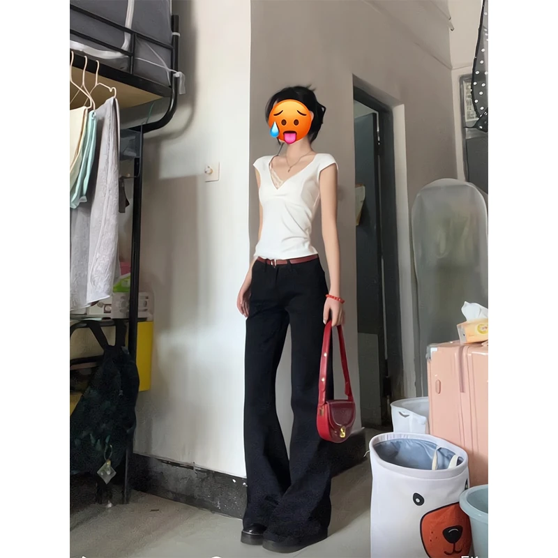 低胸V领短袖T恤性感纯欲风白色上衣微喇牛仔裤直筒长裤显瘦拖地裤