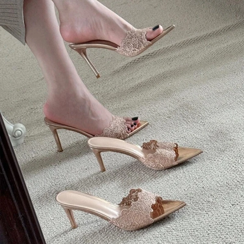 2025法式香槟色蕾丝高跟拖鞋女百搭细跟名媛小众尖头一字拖凉鞋夏