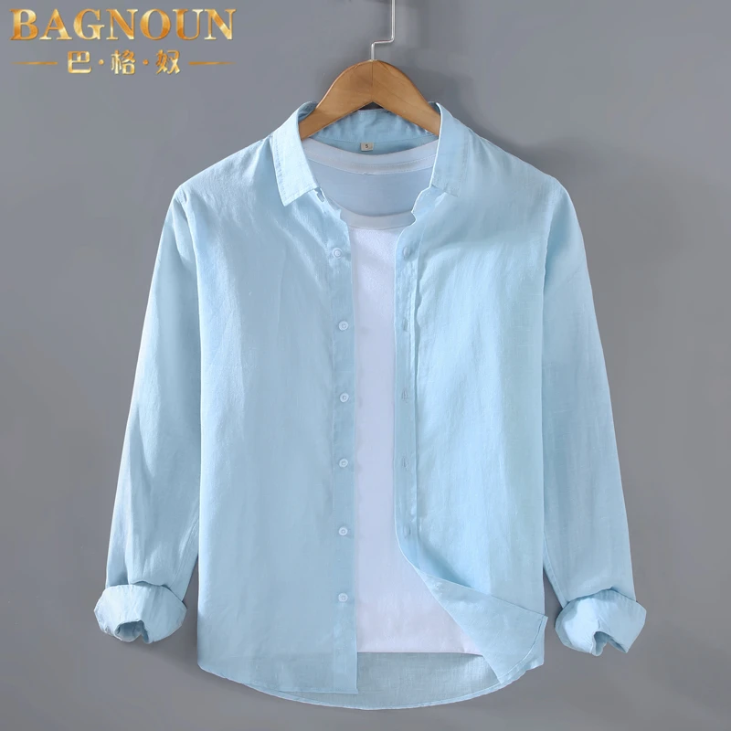巴格奴100%亚麻长袖衬衫男士新款时尚高端织布休闲透气款百搭衬衣