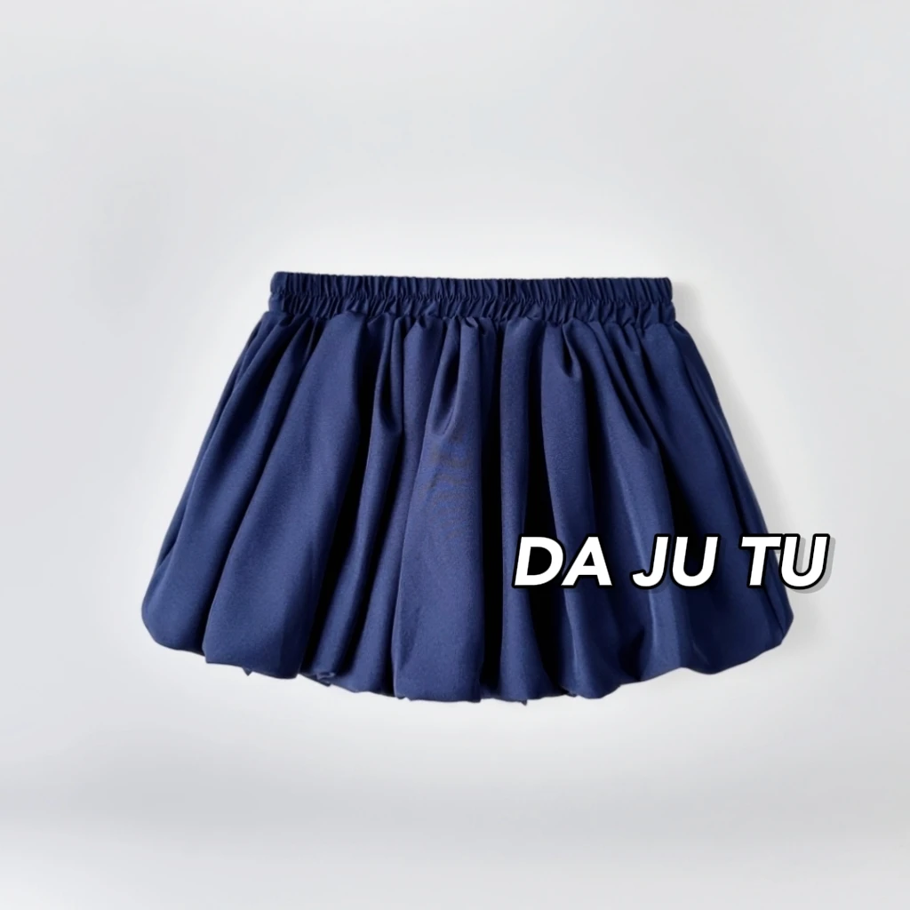 藏蓝色云朵花苞裙半身裙女2025夏季新款高腰显瘦裙子蓬蓬A字短裙