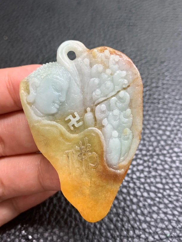 天然缅甸A货翡翠毛货特色黄翡叶子佛观天下